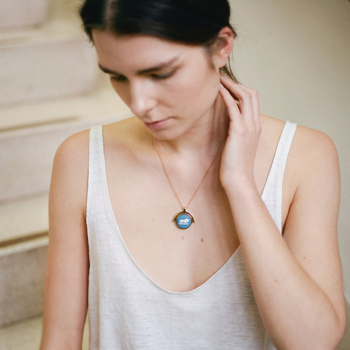 GOLD PLATED VINTAGE CERAMIC ZODIAC SWIVEL NECKLACES
