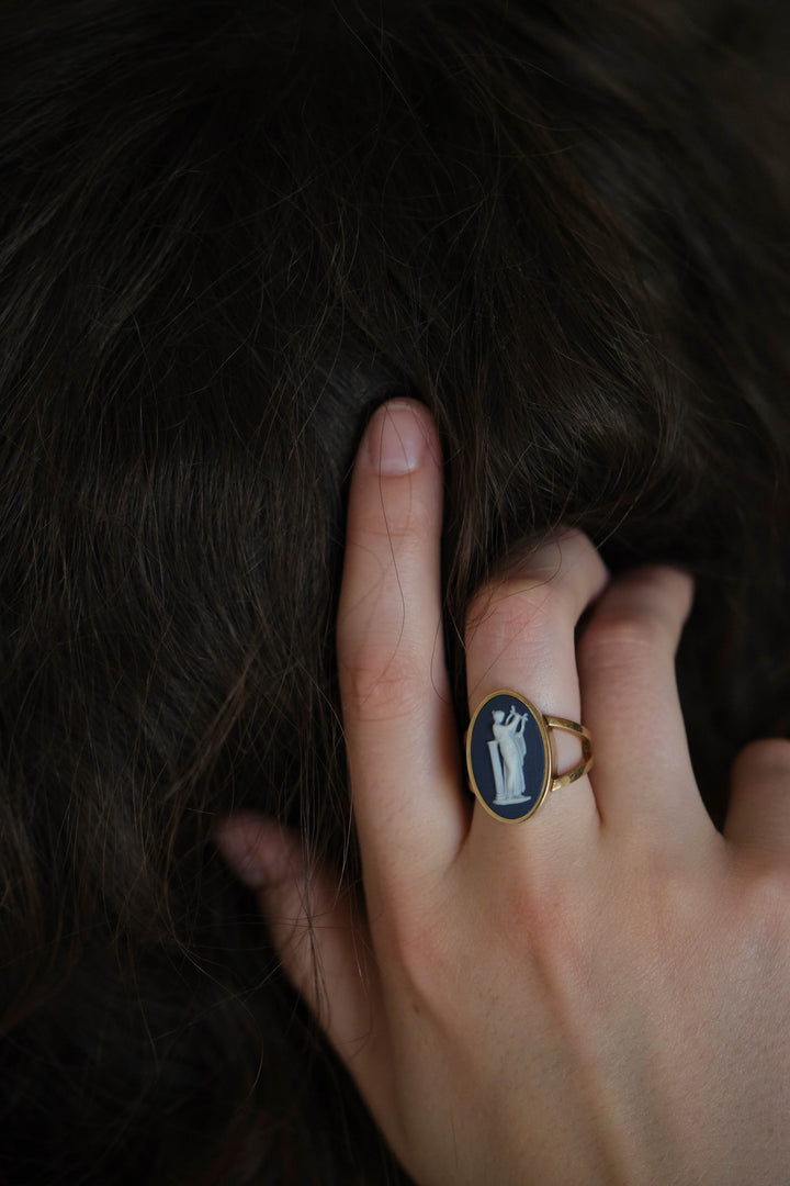 Gold ring set with Large vintage wedgwood cameo of the godess Euterpe