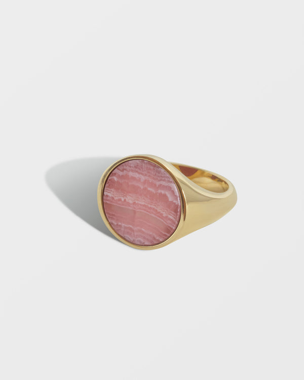 GOLD ROUND PINK RHODOCHROSITE GUARDIAN SIGNET RING