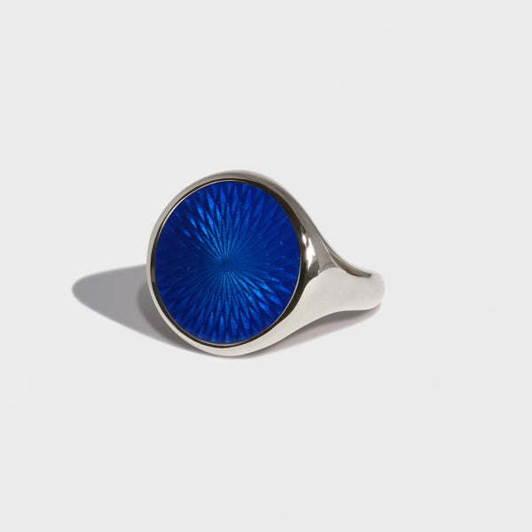 COBALT BLUE GLASS ENAMEL SILVER  SIGNET RING