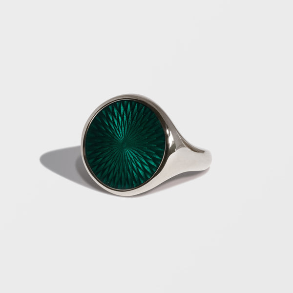 EMERALD GREEN GLASS ENAMEL SILVER  SIGNET RING