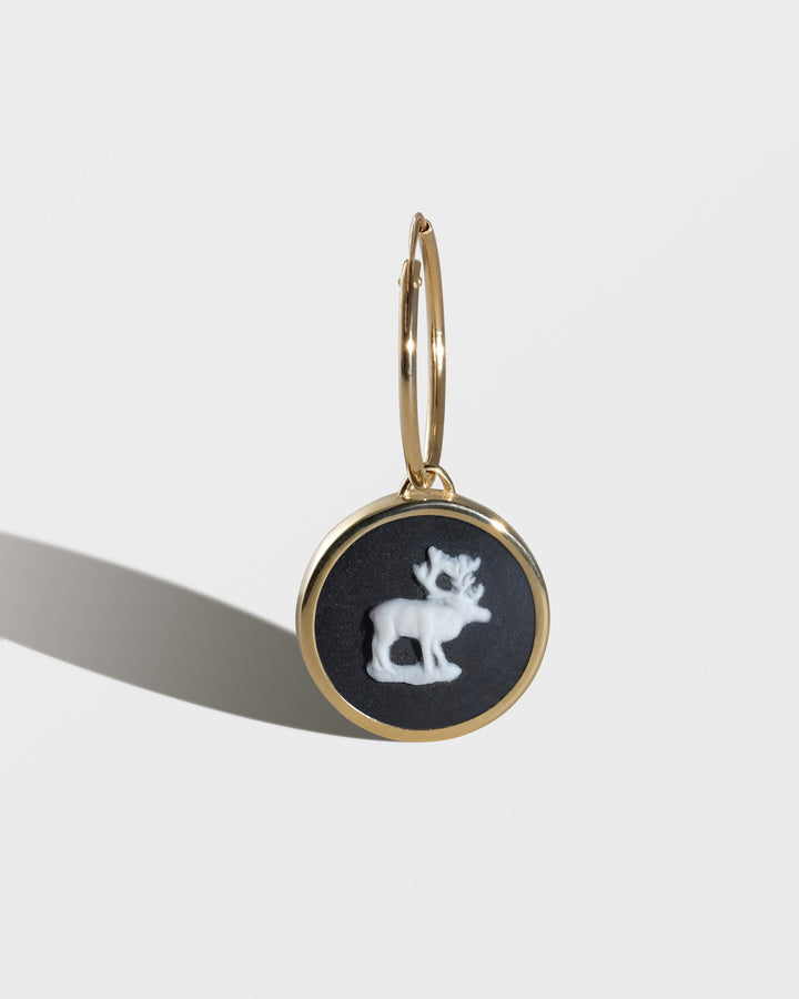 VINTAGE CAMEO HERALDRY AND ANIMALS SINGLE GOLD HOOP EARRINGS