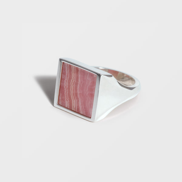 SILVER SQUARE PINK RHODOCHROSITE GUARDIAN SIGNET RING