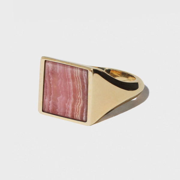 GOLD SQUARE PINK RHODOCHROSITE GUARDIAN SIGNET RING